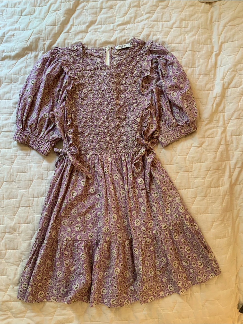 Sea New York Ida Puff Sleeve Dress Lilac Purple Floral Pockets Cotton Smocked